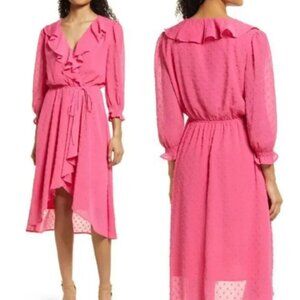 Fraiche by J Ruffle Faux Wrap Dress in Pink Swiss Dot